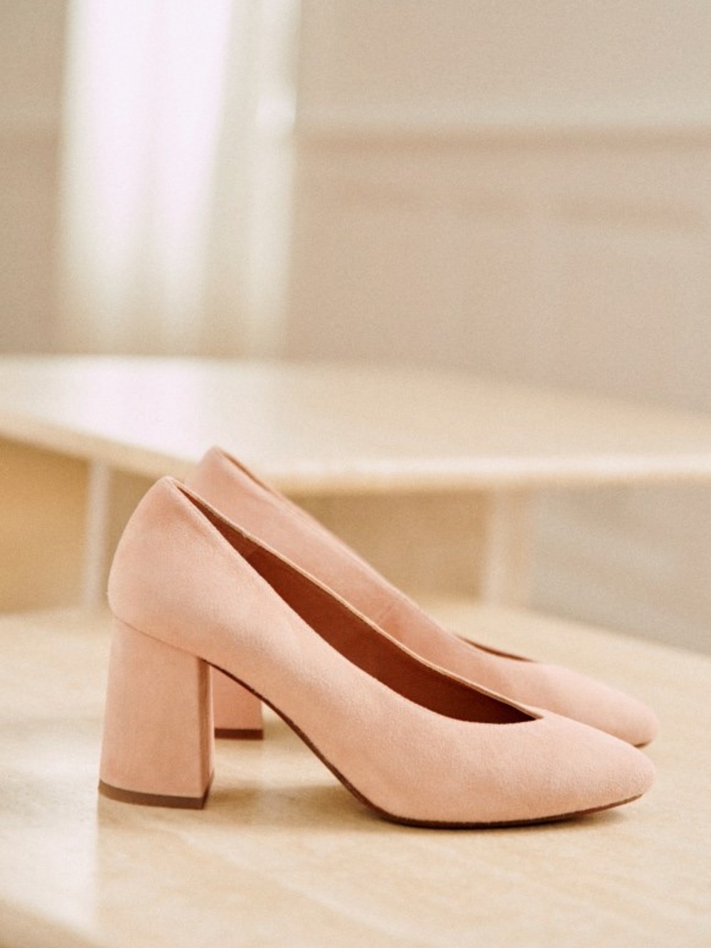 Sezane Alice High Heels Pumps Block Heel Leather Rose Beige Nude Size 41 US 10